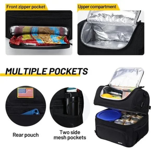 New Dual Compartment Lunch Bag Tote for Men & Women Leakproof Cooler Bag, Black - Picture 3 of 7